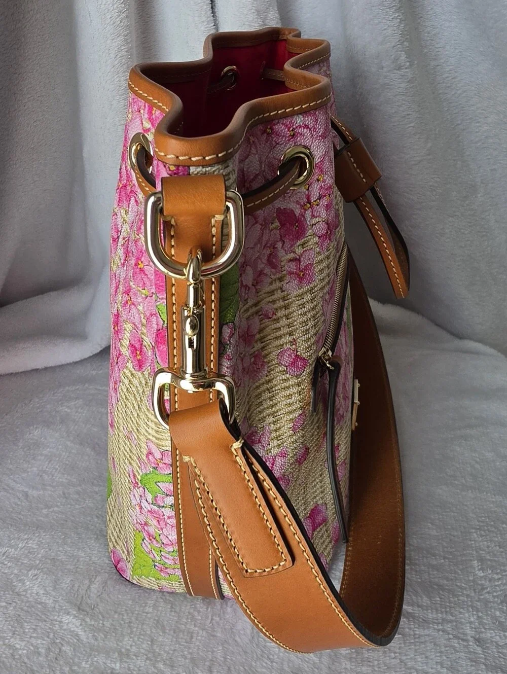 Dooney & Bourke Pink Floral Bucket Shoulder Bag with Tan Trim
